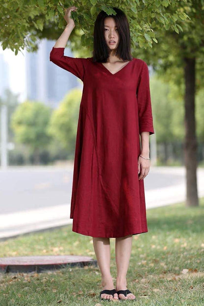 Red Linen Dress - Midi Length Loose-Fitting Plus Size V-Neck Casual Everyday Comfortable Womens Clothing C264