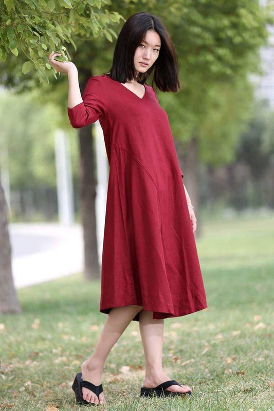 Red Linen Dress - Midi Length Loose-Fitting Plus Size V-Neck Casual Everyday Comfortable Womens Clothing C264