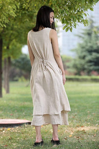 Cream Linen Dress - Layered Lagenlook Long Sleeveless Loose-Fitting Casual Comfortable Maxi Plus Size Dress C282
