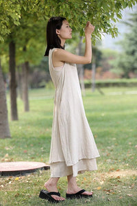 Cream Linen Dress - Layered Lagenlook Long Sleeveless Loose-Fitting Casual Comfortable Maxi Plus Size Dress C282