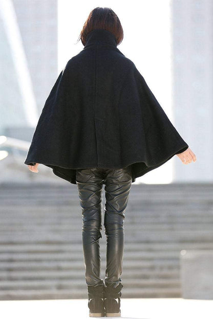 Black Poncho Style High Collar Short Women Cloak Jacket - C193