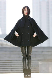 Winter Wool Cape Coat - Black Poncho Style High Collar Short Women Cloak Jacket - C193