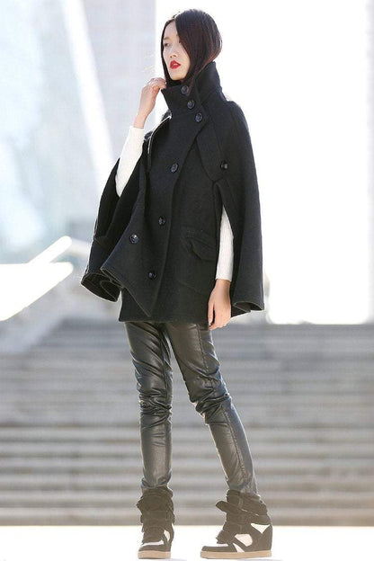 Black Poncho Style High Collar Short Women Cloak Jacket - C193