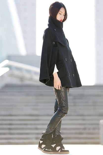 Black Poncho Style High Collar Short Women Cloak Jacket - C193