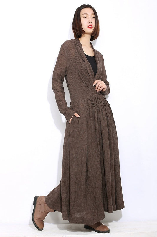 Linen dress, maxi dress, causal dress, womens dresses, dress, long dress, brown dress, linen dress for you women, linen dress pleat  C304