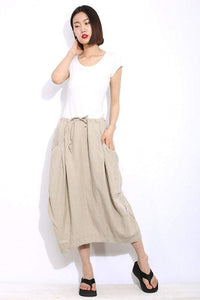 Casual Linen Skirt, Beige linen skirt, midi womens skirt, Cream Beige Mid-Length Woman's Skirt with Drawstring Waist Plus Size Clothing C321