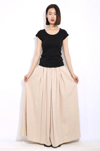 Cream Maxi Skirt - Linen Long Pleated Simple Casual Woman's Skirt with Elasticated Waist Plus Sizes （C325）
