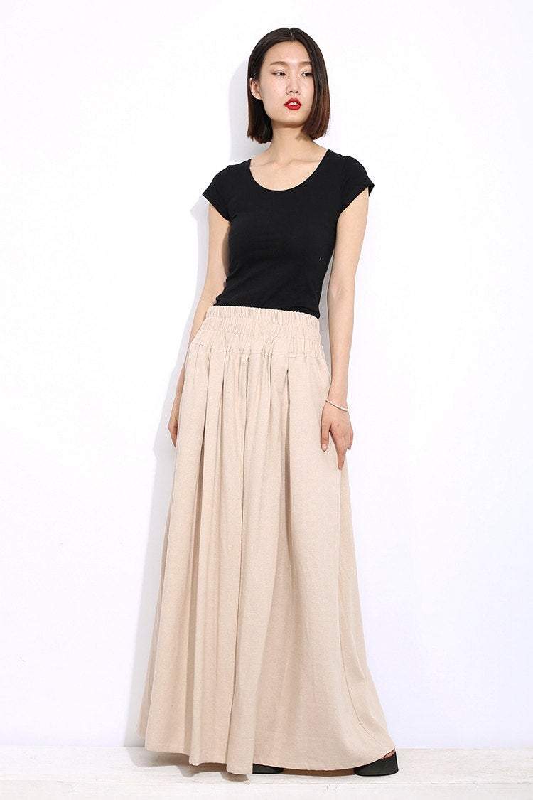 Cream Maxi Skirt - Linen Long Pleated Simple Casual Woman's Skirt with  Elasticated Waist Plus Sizes （C325）