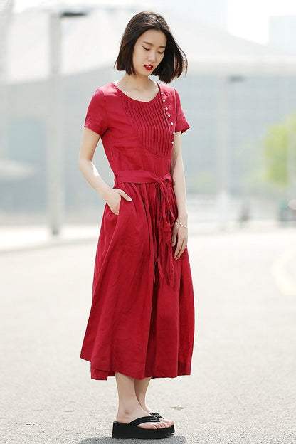 Dress, red dress, linen dress, casual dress, summer dress, maxi dress, long dress, womens dresses, pleated dress, dress pockets C345