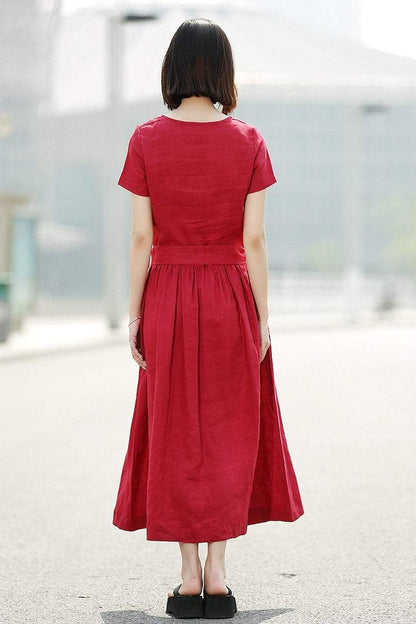 Dress, red dress, linen dress, casual dress, summer dress, maxi dress, long dress, womens dresses, pleated dress, dress pockets C345