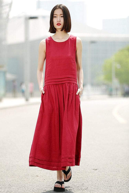 Maxi Red Dress - Linen Sleeveless Cool Comfortable Casual Loose-Fitting Summer Women's Dress with Pintuck Details and Pockets C349