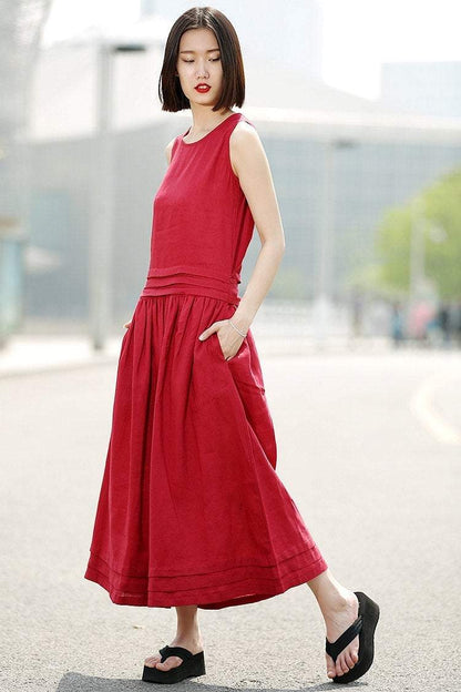 Maxi Red Dress - Linen Sleeveless Cool Comfortable Casual Loose-Fitting Summer Women's Dress with Pintuck Details and Pockets C349