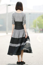 Load image into Gallery viewer, Gray Linen Dress - Black Grey Stripey Fit &amp; Flare Elegant Dress with Round Neck and Ruched Sleeves (C350)
