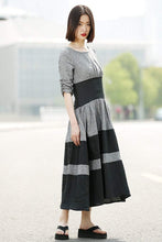 Load image into Gallery viewer, Gray Linen Dress - Black Grey Stripey Fit &amp; Flare Elegant Dress with Round Neck and Ruched Sleeves (C350)

