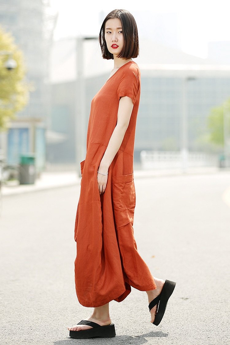 Orange Linen Dress - Womens Linen Clothing Casual Everyday Comfortable Plus Size Summer Fashion Basic Wardrobe Staple C351