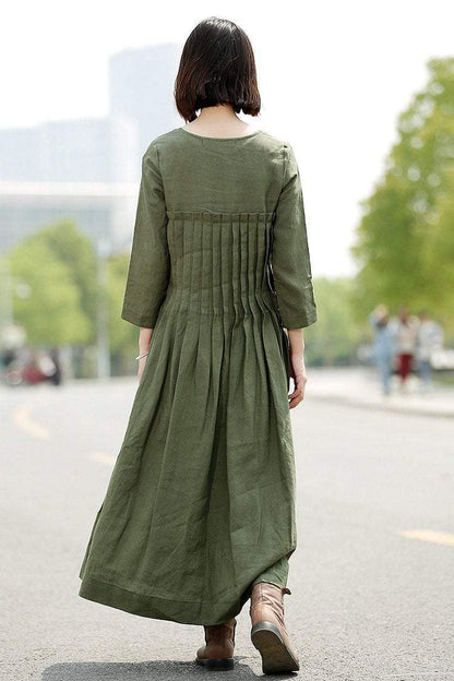 Green Linen Dress, linen dress, long linen dress, Pleated dress, loose linen dress, womens dresses, dress with pockets, plus size dress C358