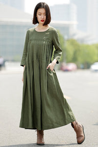 Green Linen Dress, linen dress, long linen dress, Pleated dress, loose linen dress, womens dresses, dress with pockets, plus size dress C358