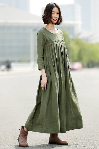Green Linen Dress, linen dress, long linen dress, Pleated dress, loose linen dress, womens dresses, dress with pockets, plus size dress C358