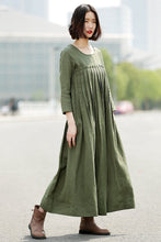 Load image into Gallery viewer, Green Linen Dress, linen dress, long linen dress, Pleated dress, loose linen dress, womens dresses, dress with pockets, plus size dress C358
