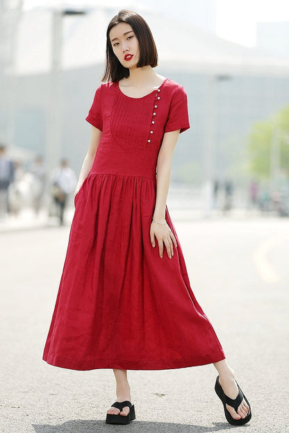 Dress, red dress, linen dress, casual dress, summer dress, maxi dress, long dress, womens dresses, pleated dress, dress pockets C345