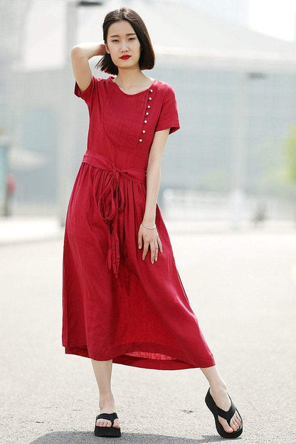 Dress, red dress, linen dress, casual dress, summer dress, maxi dress, long dress, womens dresses, pleated dress, dress pockets C345