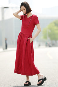 Dress, red dress, linen dress, casual dress, summer dress, maxi dress, long dress, womens dresses, pleated dress, dress pockets C345