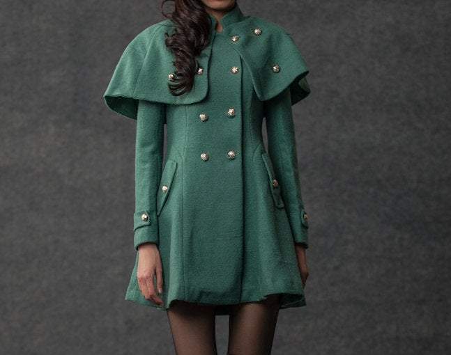 Green coat, Cape Coat, wool coat, winter coat, military coat, womens coat, green cape coat, green wool coat, winter womens coat C796