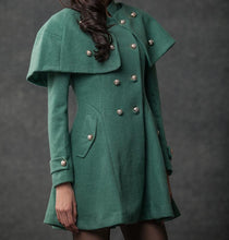 Load image into Gallery viewer, Green coat, Cape Coat, wool coat, winter coat, military coat, womens coat, green cape coat, green wool coat, winter womens coat C796
