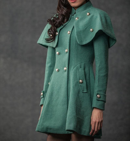 Green coat, Cape Coat, wool coat, winter coat, military coat, womens coat, green cape coat, green wool coat, winter womens coat C796