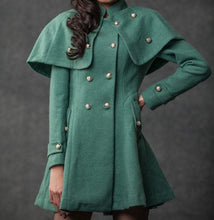 Load image into Gallery viewer, Green coat, Cape Coat, wool coat, winter coat, military coat, womens coat, green cape coat, green wool coat, winter womens coat C796

