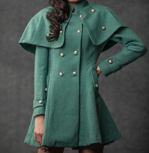 Green coat, Cape Coat, wool coat, winter coat, military coat, womens coat, green cape coat, green wool coat, winter womens coat C796