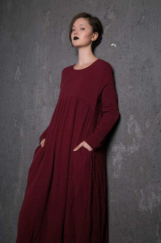 Red Linen Dress – Long Burgundy Loose-Fitting Long-Sleeved Designer Dress with Pockets Plus Size Clothing (C496)