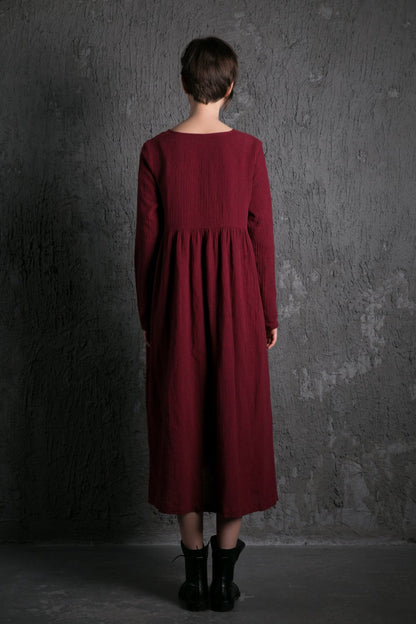 Red Linen Dress – Long Burgundy Loose-Fitting Long-Sleeved Designer Dress with Pockets Plus Size Clothing (C496)