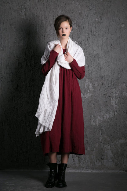 Red Linen Dress – Long Burgundy Loose-Fitting Long-Sleeved Designer Dress with Pockets Plus Size Clothing (C496)