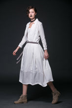Load image into Gallery viewer, White Linen Dress - Maxi Long Open Neck Long Sleeve with Tiered Skirt &amp; Tie Belt Womens Dress (C515)
