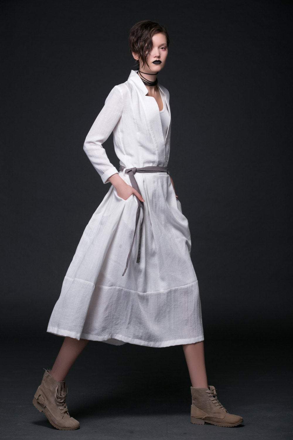 White Linen Dress - Maxi Long Open Neck Long Sleeve with Tiered Skirt & Tie Belt Womens Dress (C515)