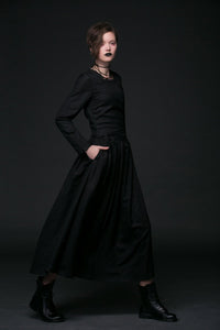 Black Linen Dress - Maxi Goth Style Long Sleeved Fit & Flare with Tie Belt Women's Handmade Clothing C513