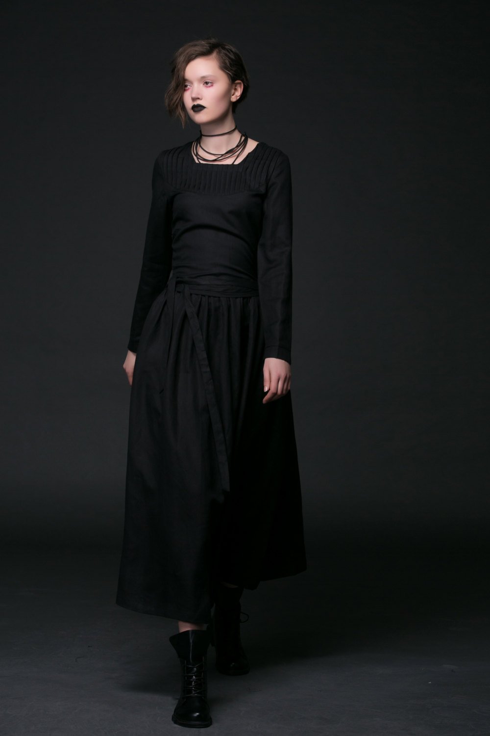 Black Linen Dress - Maxi Goth Style Long Sleeved Fit & Flare with Tie Belt Women's Handmade Clothing C513