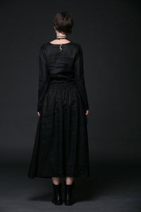 Modern Linen Dress, maxi dress pockets, womens dresses, black dress, Drawstring dress, long sleeved dress, fall dress, handmade dress（C507）