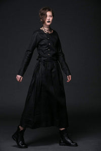 Modern Linen Dress, maxi dress pockets, womens dresses, black dress, Drawstring dress, long sleeved dress, fall dress, handmade dress（C507）