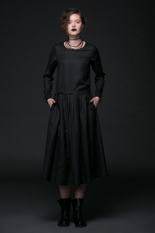 Designer dress, black linen dress, linen dress maxi, pleated dress, midi dress, long sleeves dress, autumn dress, dress with pockets C506