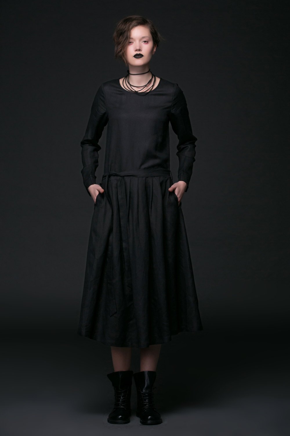 Designer dress, black linen dress, linen dress maxi, pleated dress, midi dress, long sleeves dress, autumn dress, dress with pockets C506