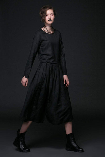 Designer dress, black linen dress, linen dress maxi, pleated dress, midi dress, long sleeves dress, autumn dress, dress with pockets C506