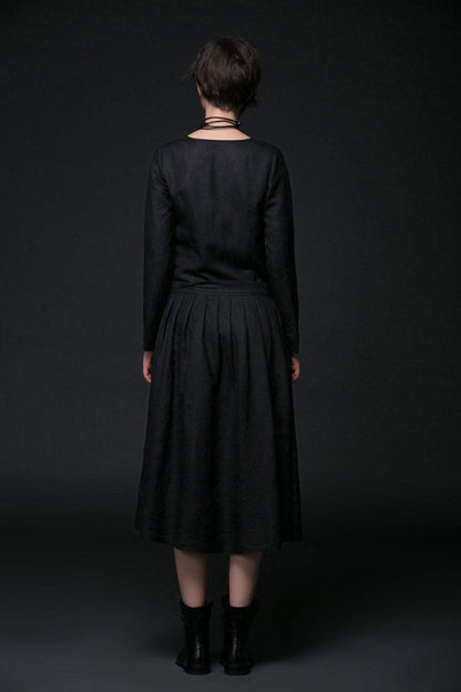 Designer dress, black linen dress, linen dress maxi, pleated dress, midi dress, long sleeves dress, autumn dress, dress with pockets C506