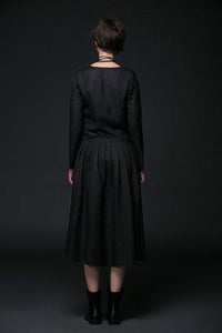 Designer dress, black linen dress, linen dress maxi, pleated dress, midi dress, long sleeves dress, autumn dress, dress with pockets C506