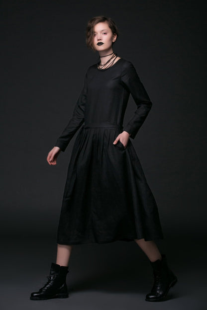 Designer dress, black linen dress, linen dress maxi, pleated dress, midi dress, long sleeves dress, autumn dress, dress with pockets C506