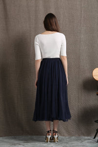Party skirt, chiffon skirt, long skirt, navy blue skirt, womens skirts, elegant skirt, flare skirt, swing skirt, pleated skirt C428