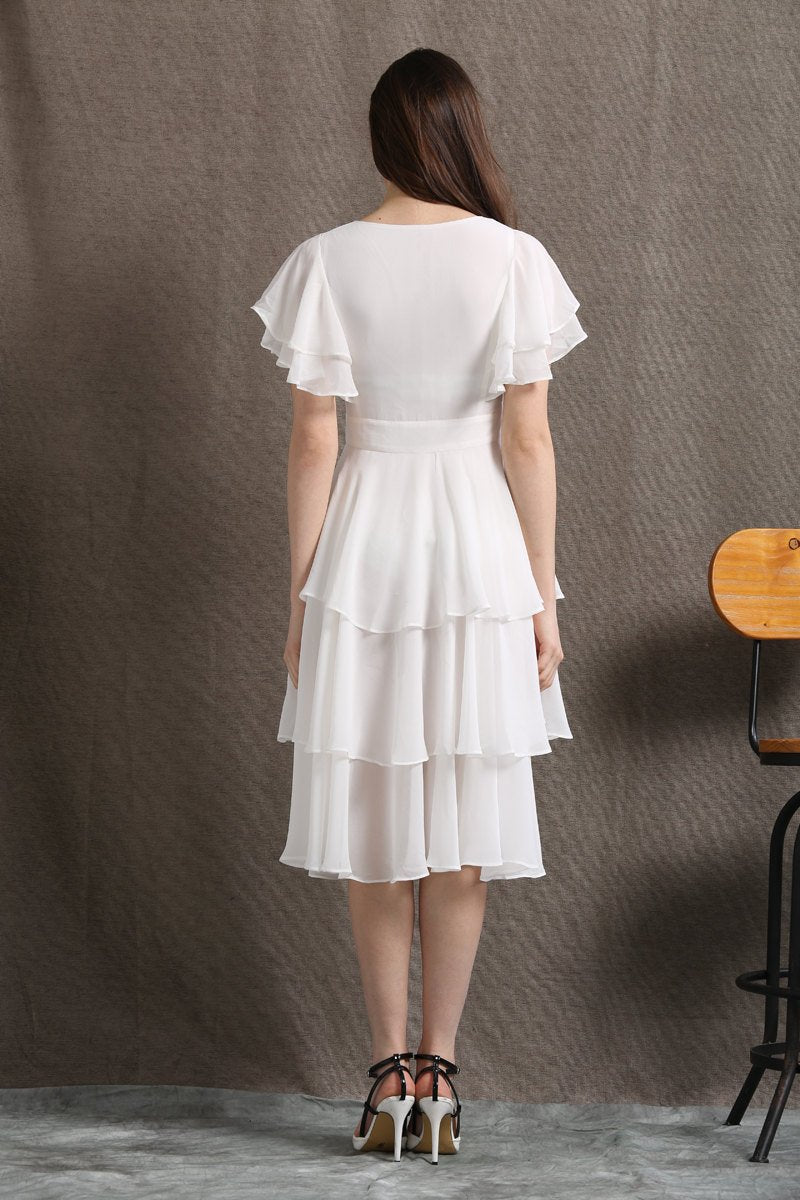 Womens white chiffon midi dress party dress C429