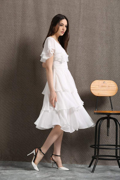 Womens white chiffon midi dress party dress C429