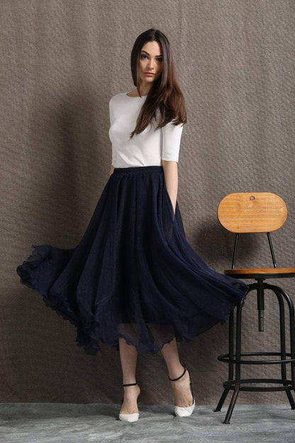 Party skirt, chiffon skirt, long skirt, navy blue skirt, womens skirts, elegant skirt, flare skirt, swing skirt, pleated skirt C428